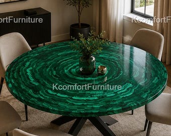 Round Malachite Random Work Inlay Dining Table - Luxury Stone Statement Piece with Modern Coffee - Contemporary Dining Room Tabletop |