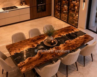 Handmade Live Edge Walnut Epoxy River Dining Table | Luxury Black Resin Wood Living Table | Modern Rustic Statement Furniture Décor Table |