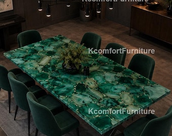 Luxury Emerald Green Agate Dining Table | Handcrafted Gemstone Tabletop | Statement Dining Room Furniture | Modern Designer Dining Table