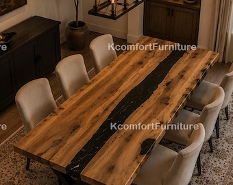 Luxury Live Edge Black Epoxy River Coffee Table, Handmade Rustic Wood Dining Table, Modern Farmhouse Conference Statement Tabletop |