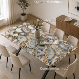 Luxury White Agate Table | Handmade Semi-Precious Stone Tabletop | Modern Statement Coffee Furniture | Custom Gemstone Dining Table |