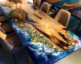 Epoxy Ocean Table / Live Edge Table/ Sea Ocean Table/ Natural Wood table /Dining table/ Wood Epoxy Table/ Beach Epoxy table / Resin Table.