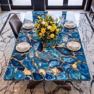 Handmade Blue Agate Dining Table | Handmade Semi Precious Stone Table | Modern Resin Inlay Dining Table | Statement Kitchen Dining Table |