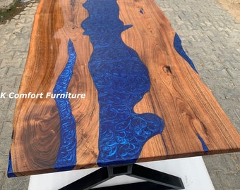 Epoxy houten tafel/Live Edge tafel/Epoxy Ocean River tafel/natuurlijk hout/eettafel/hout epoxy tafel/blauw tafelblad