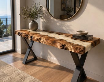 Mesa consola de lujo de madera de olivo con borde natural y resina epoxi blanca / Mesa de recibidor hecha a mano / Mesa de sofá moderna