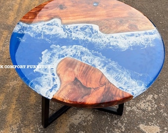 Blue Epoxy Ocean River Table, Live Edge Acacia Wood