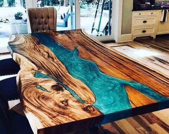 Luxury Turquoise epoxy Table/ Live Edge Wooden Table/ Epoxy Ocean River Table/ Natural Wood Dining table top /Wood Epoxy Table Top.