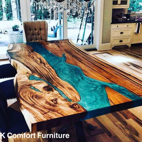 Luxury Acacia Wood River Table, Turquoise Epoxy Resin, Live Edge