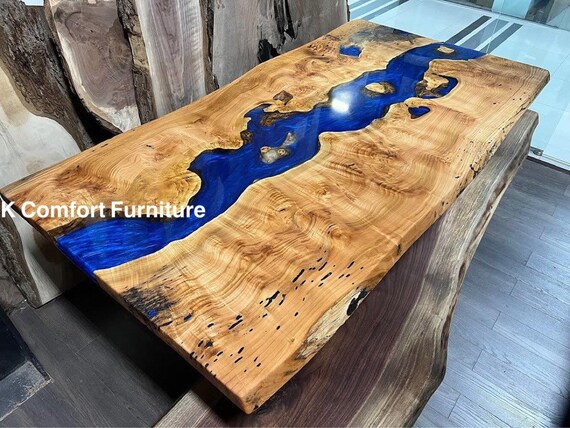 Deep Blue Epoxy Table Live Edge Table Epoxy Ocean River Natural Wood dining Table Wood Epoxy Table Blue Resin Table Ocean Table Top Etsy UK