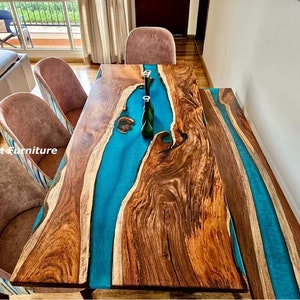Turquoise epoxy river Table / Live Edge Table /Epoxy Ocean River Table / Natural Wood /Dining table / Wood Epoxy Table / Blue Resin Table to