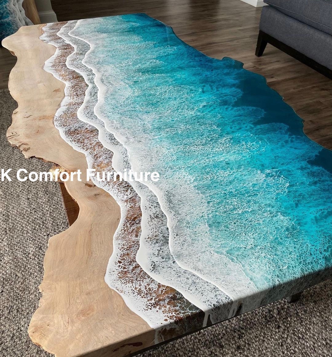 Acacia Wood Live Edge Epoxy Resin Ocean Table, Beach Decor - Etsy