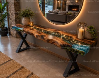 Luxury Live Edge Walnut Epoxy Resin Console Table | Ocean River Stone Entryway Table | Handmade Wood Sofa Table | Modern Hallway Furniture