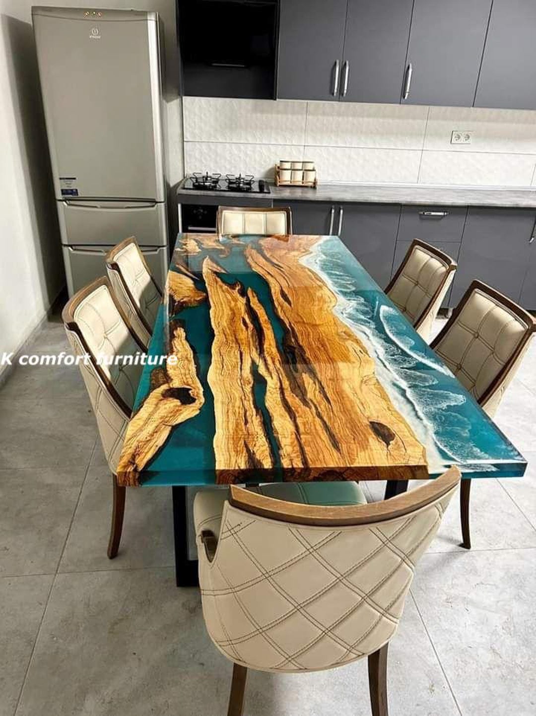 Acacia Wood Ocean Epoxy Table, Live Edge Resin Waves - Etsy