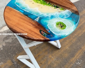 Tablero de mesa de madera de acacia con resina epoxi marina: diseño de río con borde natural