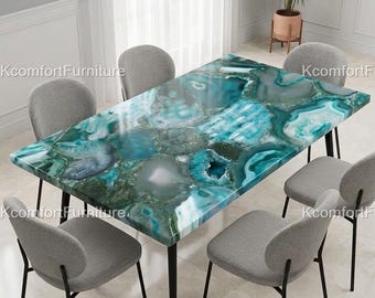 Tavolo da pranzo in agata verde smeraldo realizzato a mano – Piano del tavolo in pietra geode di lusso, mobile da pranzo moderno