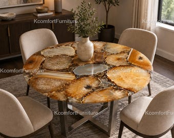 Luxury Golden Agate Mosaic Dining Table | Handmade Gemstone Statement Furniture