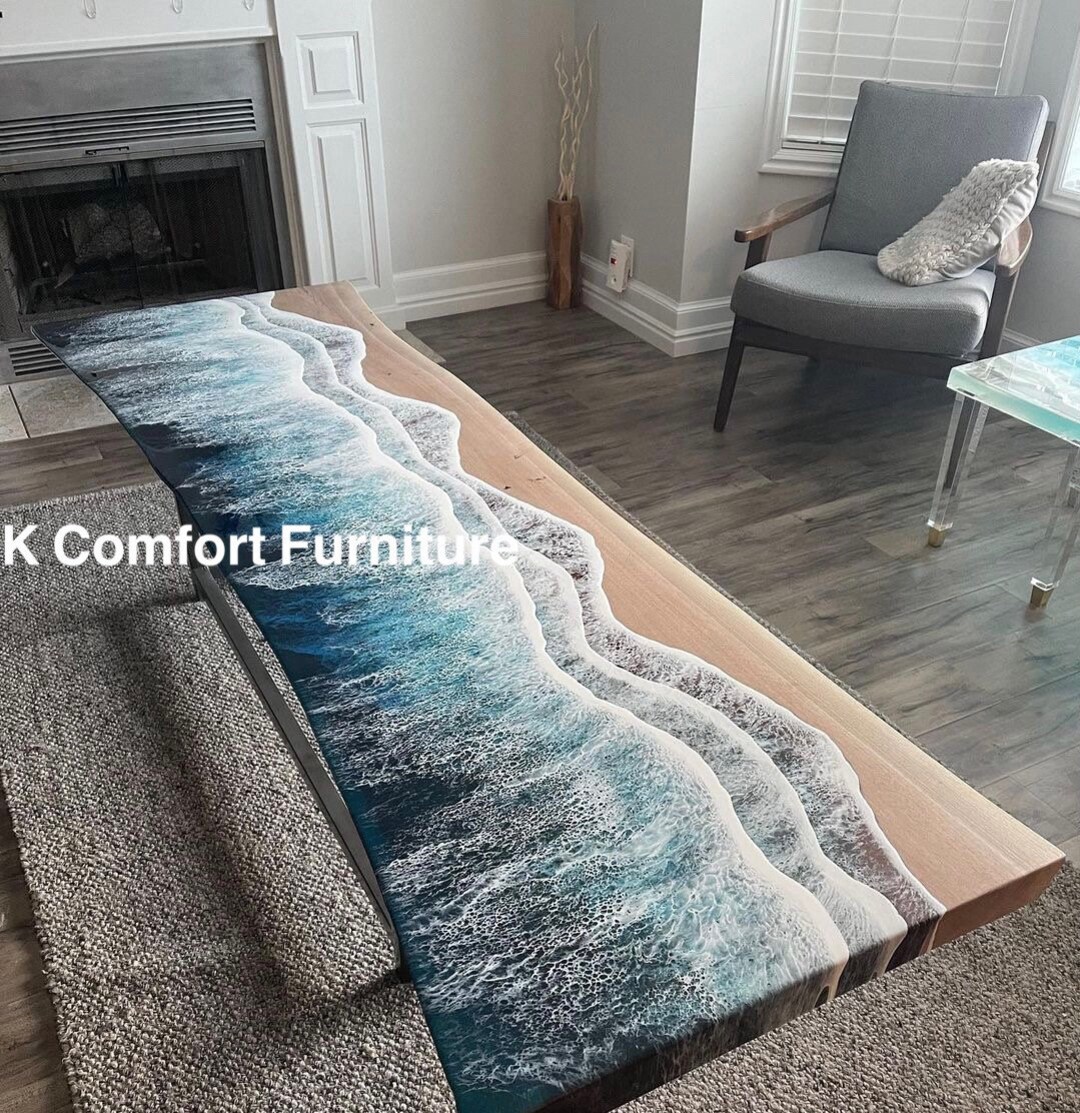 Epoxy Resin Ocean Table, Live Edge Acacia Wood, Sea Wave Dining Table ...