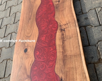 Red Epoxy River Table/ Live Edge wooden Table/ Epoxy Ocean river Table/ Natural Wood Dining Table/ Luxury red resin Table