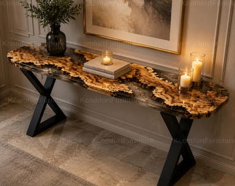 Mesa consola de lujo de madera con borde natural y resina epoxi negra / Mesa de río hecha a mano / Mesa de entrada, pasillo y sofá Mesa consola de nogal con borde natural