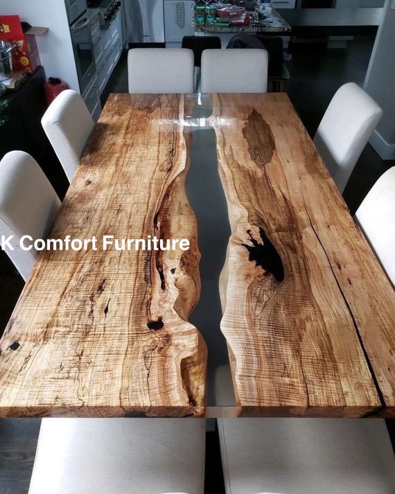 Acacia Wood Epoxy River Table, Live Edge Dining Table