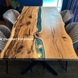 Turquoise Live Edge Table, Turquoise epoxy table, Epoxy Ocean River Table, Natural Wood , Blue Dining table, Wood Epoxy Table, Blue Resin