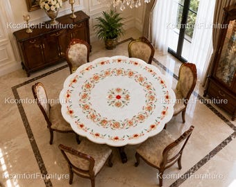 Luxury Round Marble Dining Table with Floral Inlay | Handmade White Marble Pedestal Table | Elegant Classic Dining Room Tabletop |