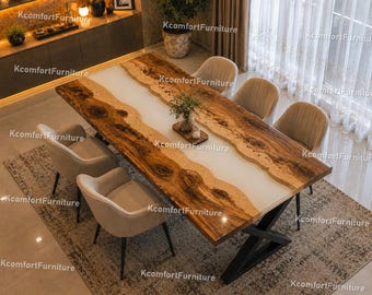 Live Edge Olive Wood Epoxy River Dining Table | Modern Farmhouse Statement Furniture