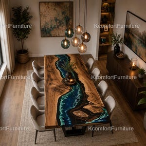 Blue Epoxy River Coffee Table, Live Edge Wood Dining Table, Handmade Resin River Table, Custom Conference Table, Statement Dining Tabletop |