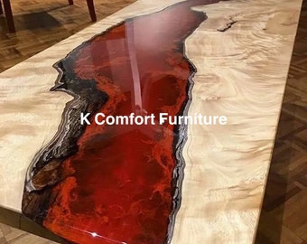 Luxury Red Epoxy River Table/ Live Edge Wooden Table/ Epoxy Ocean Table/ Natural Wood Dining Table/ Walnut coffee Table