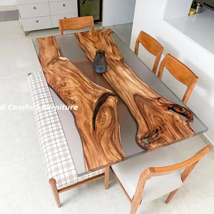 Transparent epoxy river table / Live Edge Wooden Table / Natural Wood Dining table /Wood Epoxy Table / black Transparent Table/ end table