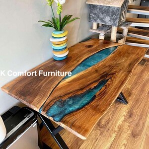 Luxury Blue Dinning epoxy Table/ Live Edge Table/ Epoxy Ocean River/ Natural Wood Epoxy Table/ Blue Resin Table/ Kitchen  table top