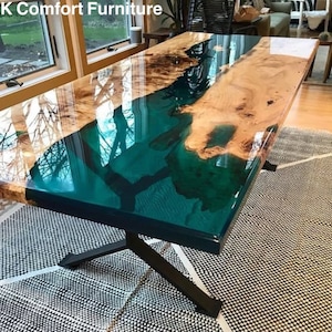 Blue luxury epoxy Table/ Live Edge Table/ Epoxy Ocean River/ Natural Wood Dining table/ Wood Epoxy Table/ Blue Resin Table top