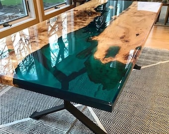Blue luxury epoxy Table/ Live Edge Table/ Epoxy Ocean River/ Natural Wood Dining table/ Wood Epoxy Table/ Blue Resin Table top