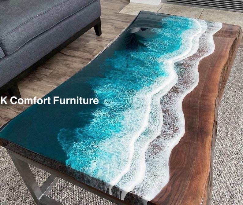 Sea Waves Epoxy Table, Live Edge Table, Epoxy Ocean Table, Natural Wood ...