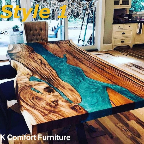 Turquoise Epoxy River Table, Live Edge Acacia Wood, Custom Size