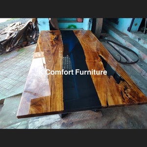 Glossy Black epoxy Table, Live Edge Wooden Table, Epoxy Ocean River , Natural Wood ,Dining table, Wood Epoxy Table, Blue Resin coffee Table,