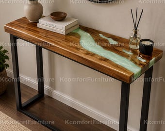 Mesa consola de nogal con resina epoxi, mesa de entrada de resina verde / mesa de sofá moderna para pasillo, mesa consola de nogal con borde natural