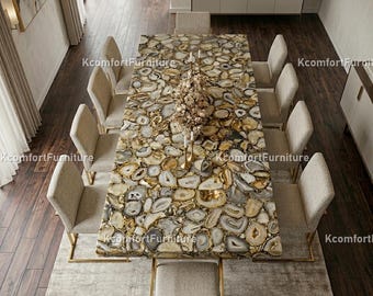 Handcrafted Agate Stone Dining Table | Luxury Semi Precious Gem Table | Contemporary Statement Furniture Beige Crystal Stone Tabletop |