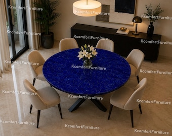 Luxury Royal Blue Lapis Lazuli Gemstone Dining Table | Round Table | Modern Glam Coffee Furniture Luxury Round Lapis Dining Tabletop |