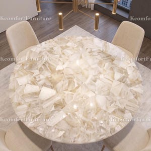 Luxury White Crystal Mosaic Round Dining Table Top | Handmade Quartz Gemstone Table | Modern Custom Statement Coffee Dining Tabletop |