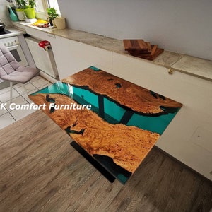 Turquoise clear epoxy Table, Live Edge Table , Epoxy Ocean River , Natural Wood ,Dining table, Wood Epoxy Table, Walnut blue  Table, Ocean