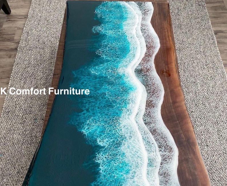 Sea Waves Epoxy Table, Live Edge Table, Epoxy Ocean Table, Natural Wood ...