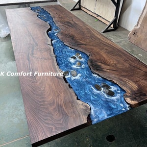 Ocean epoxy Table, Live Edge Wooden Table, Epoxy Ocean River , Natural Wood , Dining table, Wood Epoxy  Table, sea waves Resin Table