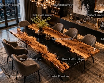 Black Epoxy River Dining Table | Live Edge Wood, Modern Conference, Custom Statement Furniture