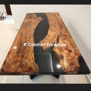 Solid Black epoxy Table, Live Edge Wooden Table, Epoxy Ocean River , Natural Wood ,Dining table, Wood Epoxy Table, Black Resin coffee Table,