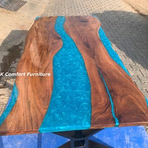 Turquoise epoxy Table/ Live Edge Wooden Table/ Epoxy Ocean River Table/ Natural Wood Dining table/ Wood Epoxy Table/ Blue Resin Table