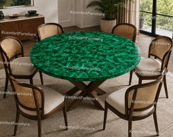 Emerald Random Work Inlay Round Dining Table – Luxury Malachite Stone Coffee Table, Handmade Modern Dining Rooms , Custom Tabletop |