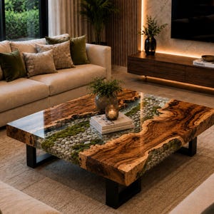 May include: A rectangular coffee table featuring two thick slabs of natural wood with a live edge, separated by a central river-like section filled with smooth grey river stones, green moss, and clear resin, supported by black metal legs.