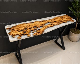 Mesa consola de madera de olivo con borde natural / Mesa de entrada de resina epoxi blanca con diseño de río