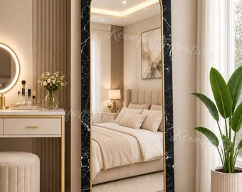 Modern Black Marble Arched Floor Mirror  | Luxury Full Length Leaning Mirror | Contemporary Bedroom & Living Room Decor